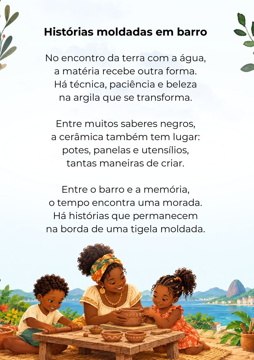 Poema Histórias moldadas em barro, com uma mulher e duas crianças negras modelando peças de cerâmica.